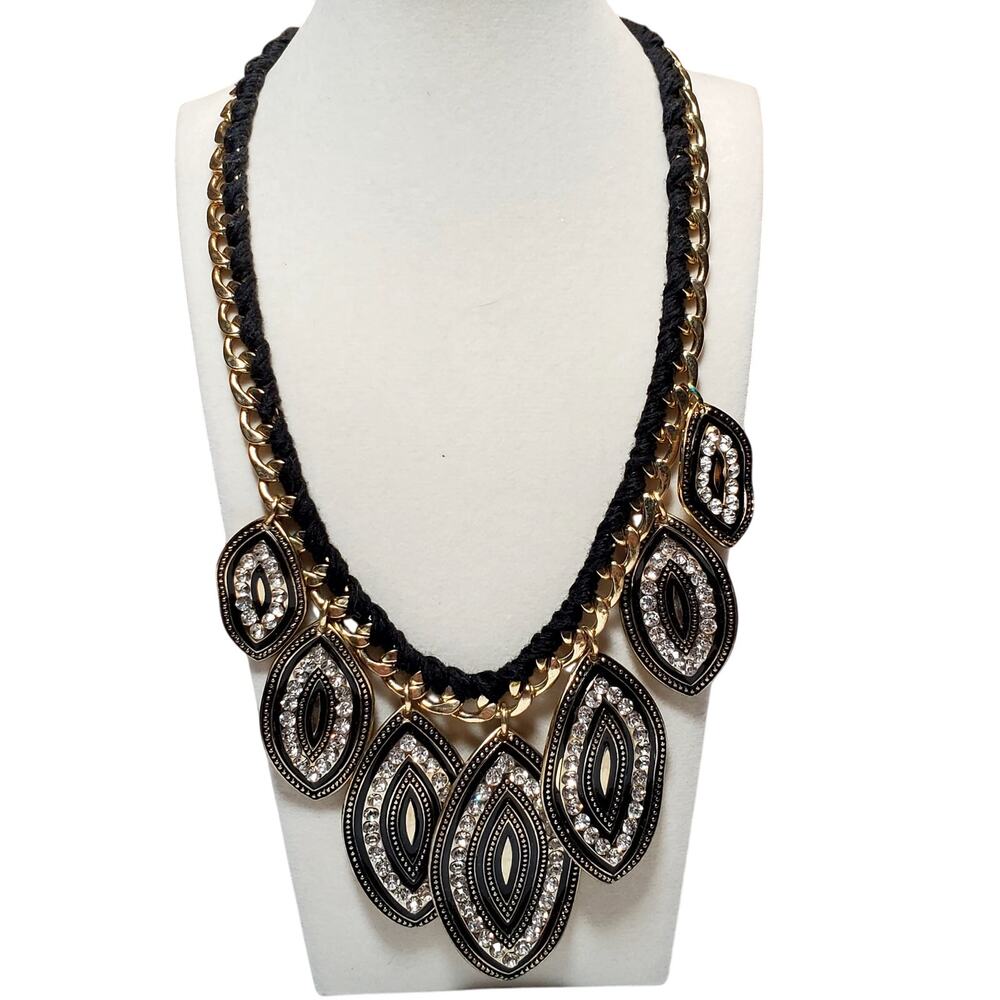 Clear Rhinestone Petal Pendants Statement Necklace Black Thread Gold Tone Chain